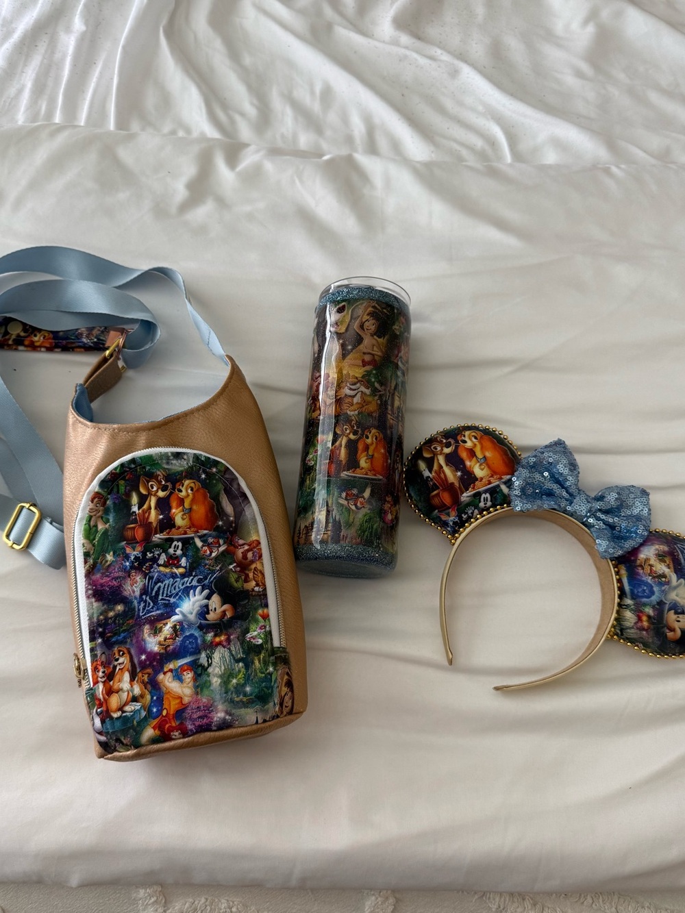 Disney Rose Gold Crossbody Water Bottle Bag with Blue Strap & Matching Ears